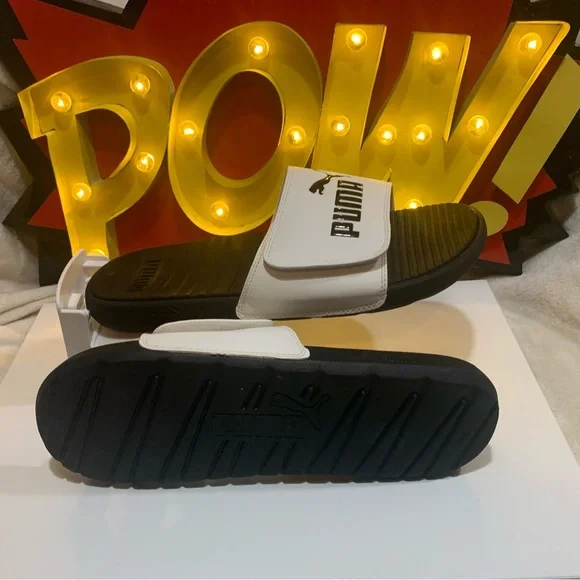 PUMA Cool Cat V White / Black Cat Logo 
Adjustable Mens Slide Sandals
Size 12 - Picture 5 of 8